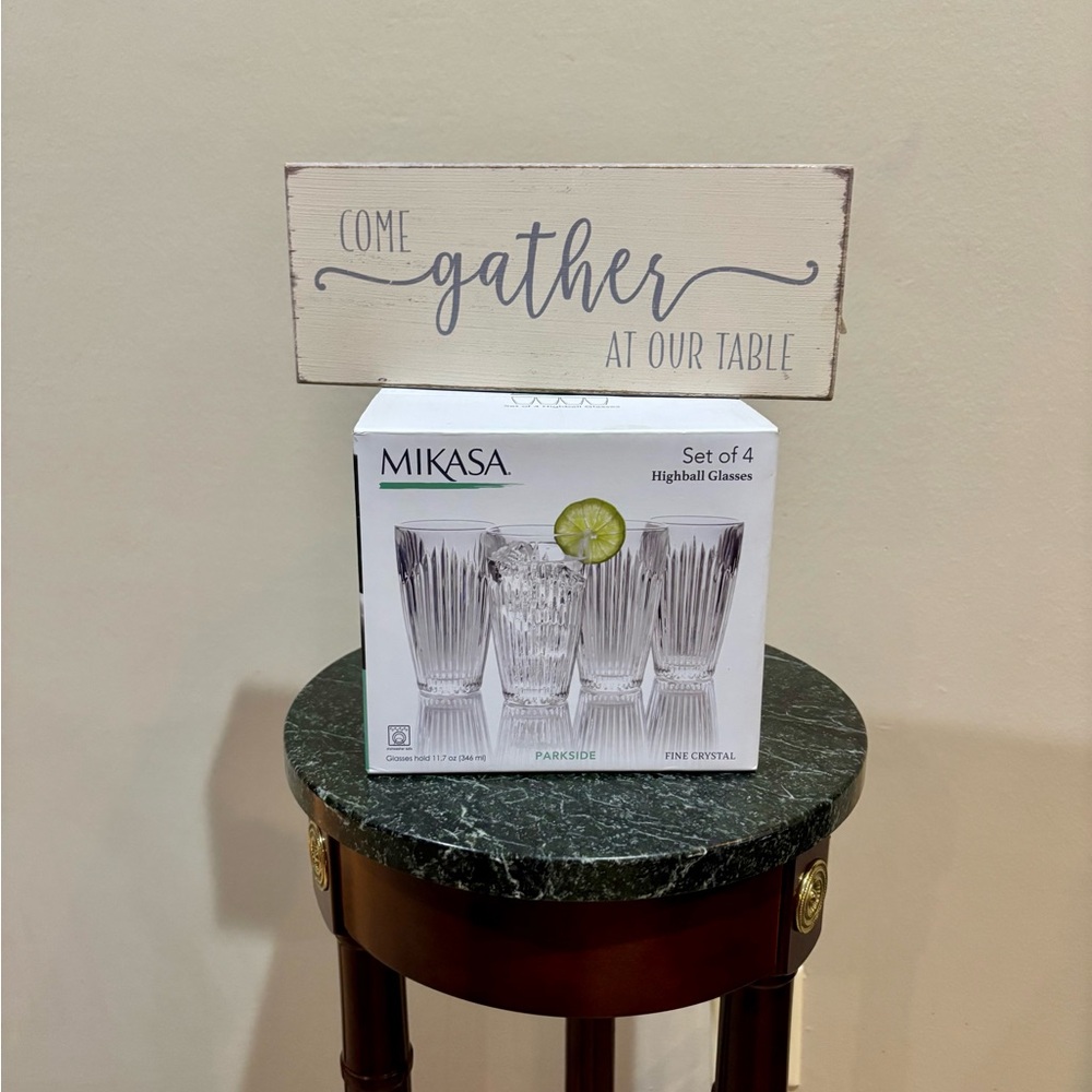 Mikasa Parkside Clear Highball Glasses Set of 4 with Come Gather at our Table